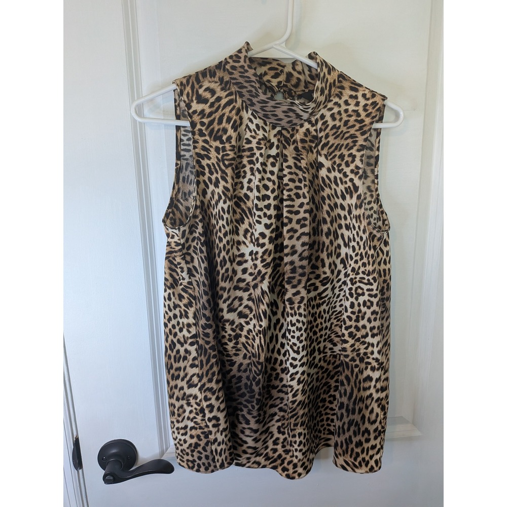 Ellen Tracy Womens Leopard Print Mock Neck Sleeveless Blouse Tan Brown Small